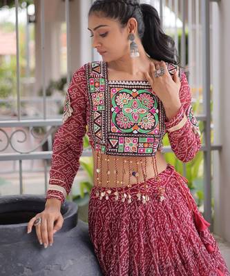 Garba outfits Maroon Bandhani Print Faux Georgette Kutchi Patchwork Lehenga Choli Set 4