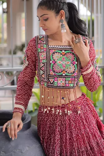 Garba outfits Maroon Bandhani Print Faux Georgette Kutchi Patchwork Lehenga Choli Set