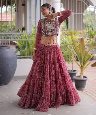 Garba outfits Maroon Bandhani Print Faux Georgette Kutchi Patchwork Lehenga Choli Set 5
