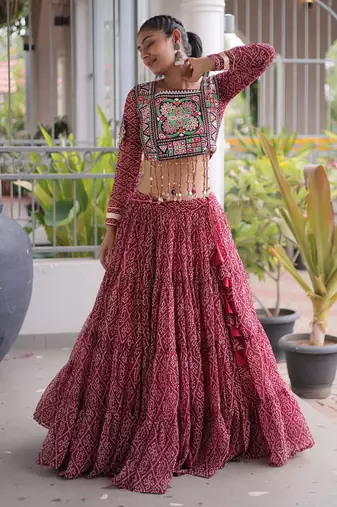 Garba outfits Maroon Bandhani Print Faux Georgette Kutchi Patchwork Lehenga Choli Set