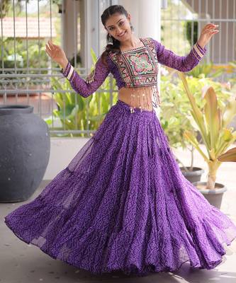Garba outfits Purple Bandhani Print Faux Georgette Kutchi Patchwork Lehenga Choli Set 1