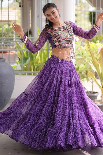 Garba outfits Purple Bandhani Print Faux Georgette Kutchi Patchwork Lehenga Choli Set