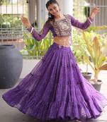Garba outfits Purple Bandhani Print Faux Georgette Kutchi Patchwork Lehenga Choli Set