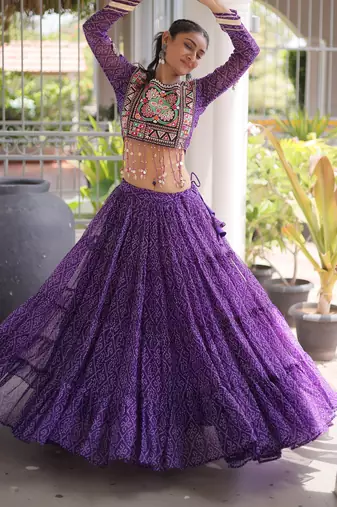 Garba outfits Purple Bandhani Print Faux Georgette Kutchi Patchwork Lehenga Choli Set