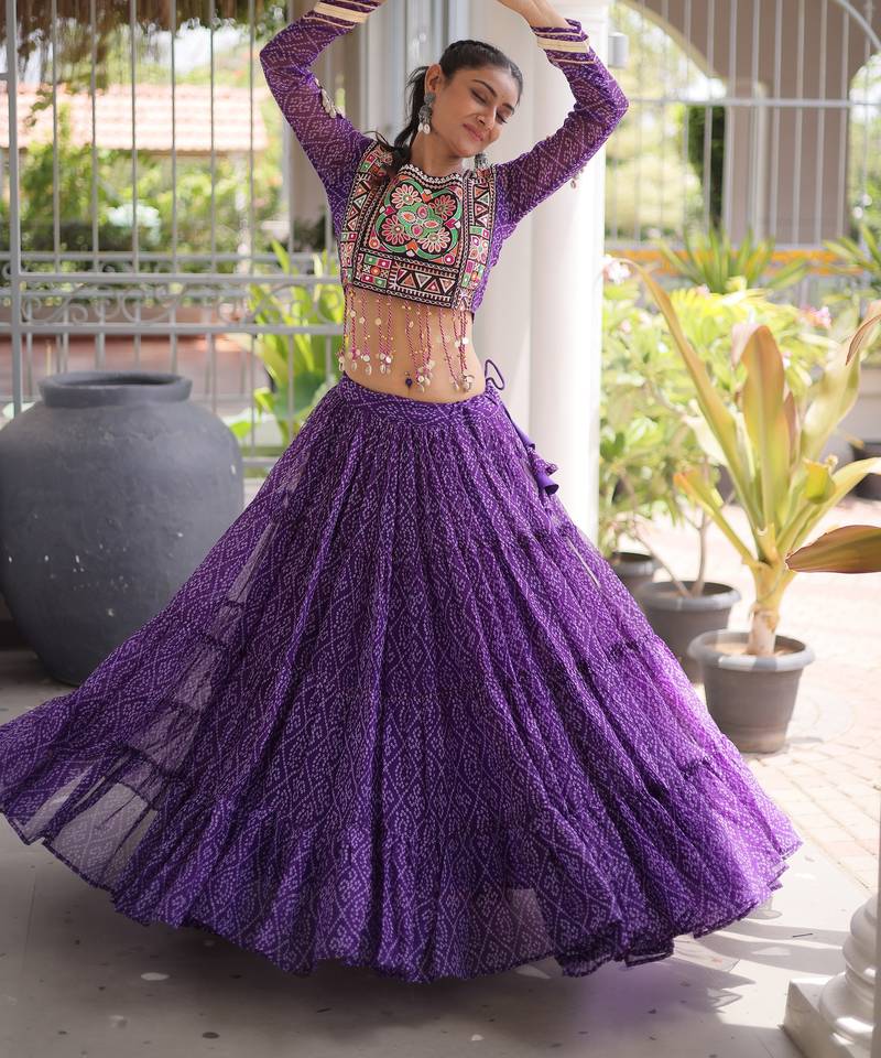 Garba outfits Purple Bandhani Print Faux Georgette Kutchi Patchwork Lehenga Choli Set