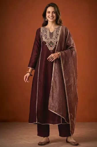 Embroidered Viscose Silk A-line Kurta Pant and Dupatta Set