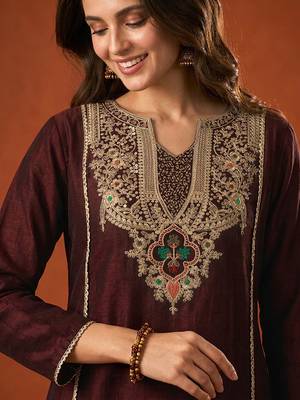 Embroidered Viscose Silk A-line Kurta Pant and Dupatta Set 2