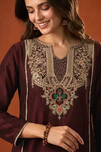 Embroidered Viscose Silk A-line Kurta Pant and Dupatta Set