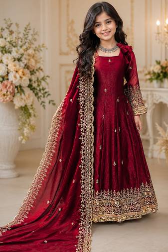 Maroon fendy silk with sequence embroidery work kids gown bottom and dupatta set