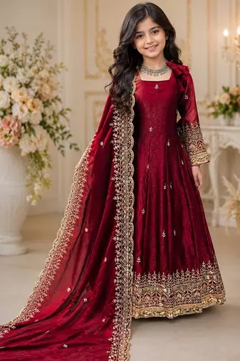 Maroon fendy silk with sequence embroidery work kids gown bottom and dupatta set