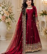 Maroon fendy silk with sequence embroidery work kids gown bottom and dupatta set