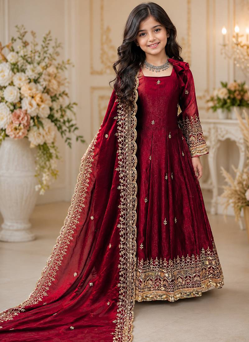 Maroon fendy silk with sequence embroidery work kids gown bottom and dupatta set