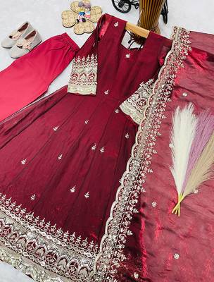Maroon fendy silk with sequence embroidery work kids gown bottom and dupatta set 2