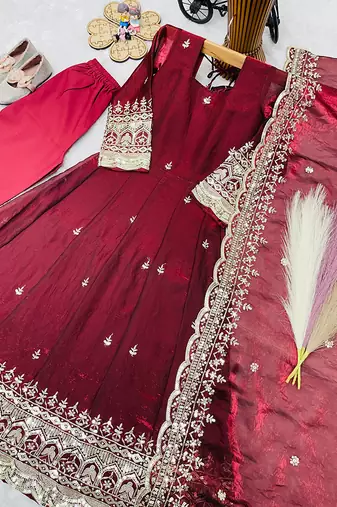 Maroon fendy silk with sequence embroidery work kids gown bottom and dupatta set