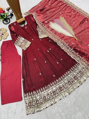Maroon fendy silk with sequence embroidery work kids gown bottom and dupatta set 3
