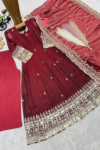 Maroon fendy silk with sequence embroidery work kids gown bottom and dupatta set