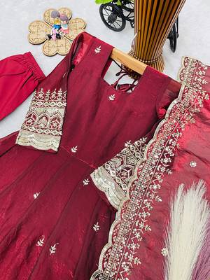 Maroon fendy silk with sequence embroidery work kids gown bottom and dupatta set 4