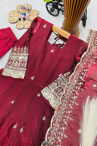 Maroon fendy silk with sequence embroidery work kids gown bottom and dupatta set