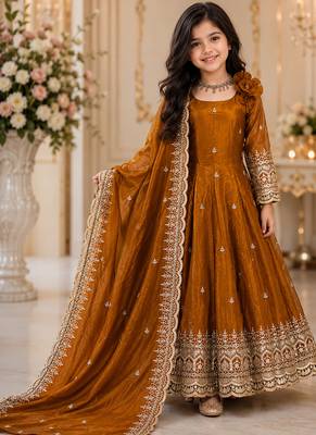 Mustard fendy silk with sequence embroidery work kids gown bottom and dupatta set 1