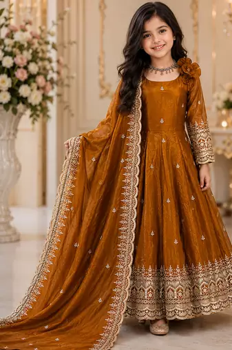 Mustard fendy silk with sequence embroidery work kids gown bottom and dupatta set