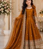 Mustard fendy silk with sequence embroidery work kids gown bottom and dupatta set
