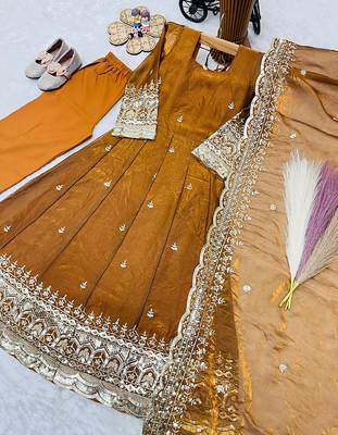 Mustard fendy silk with sequence embroidery work kids gown bottom and dupatta set 2