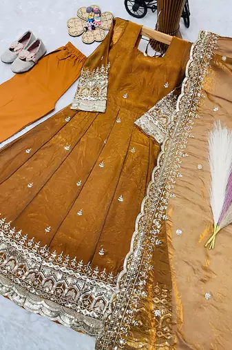 Mustard fendy silk with sequence embroidery work kids gown bottom and dupatta set