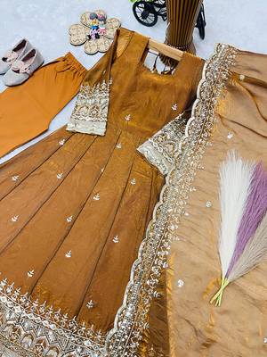 Mustard fendy silk with sequence embroidery work kids gown bottom and dupatta set 4