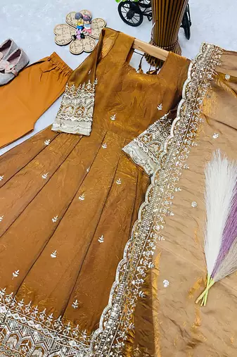 Mustard fendy silk with sequence embroidery work kids gown bottom and dupatta set