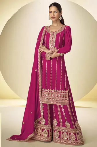 Rani pink faux chinon embroidered palazzo suit with dupatta