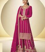Rani pink faux chinon embroidered palazzo suit with dupatta