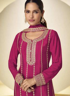 Rani pink faux chinon embroidered palazzo suit with dupatta 2
