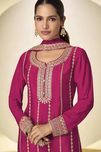 Rani pink faux chinon embroidered palazzo suit with dupatta