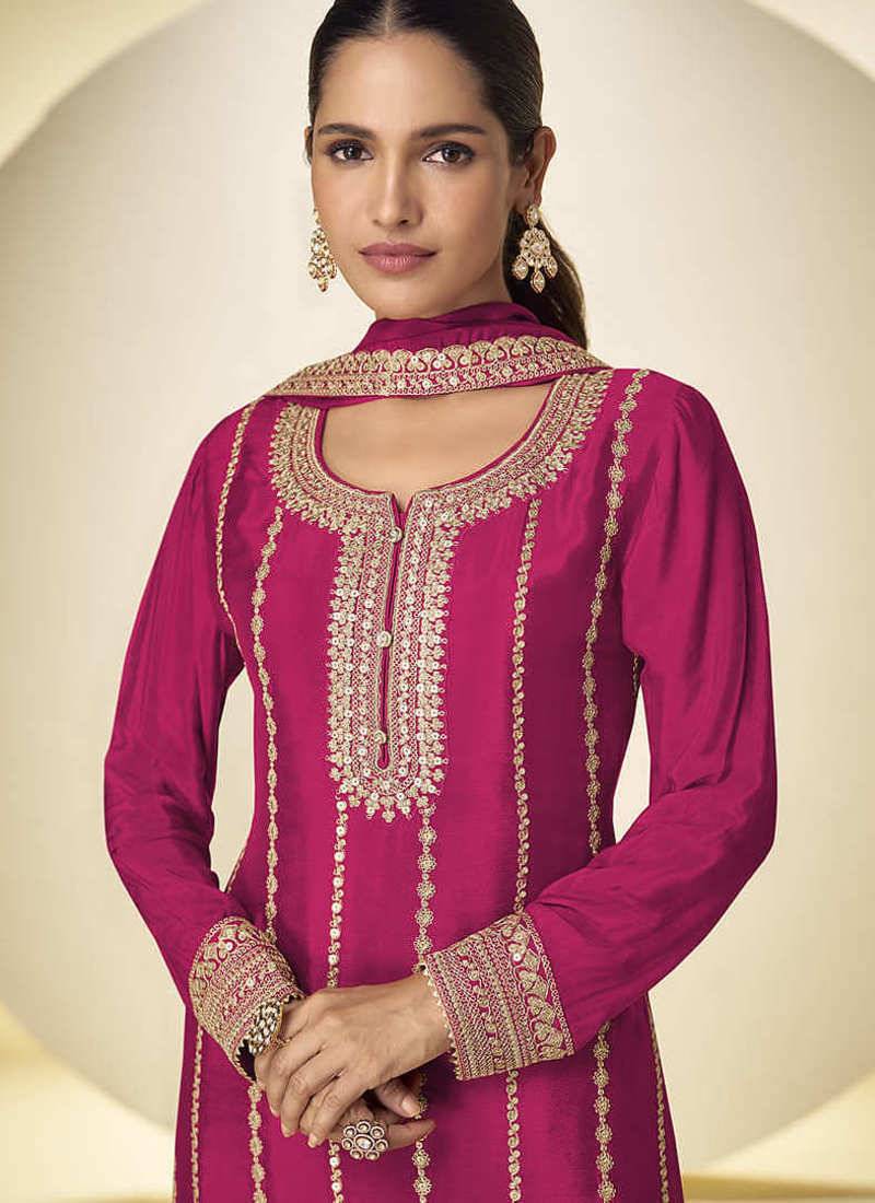 Rani pink faux chinon embroidered palazzo suit with dupatta