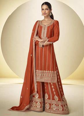Rust orange faux chinon embroidered palazzo suit with dupatta 1