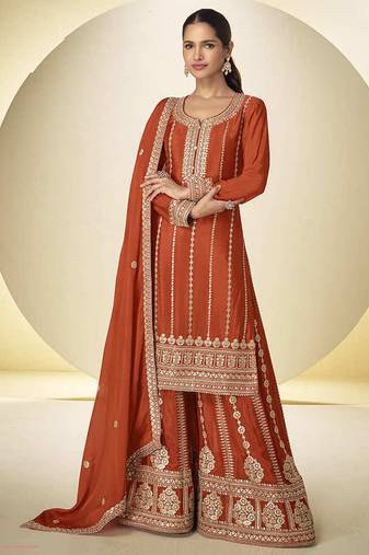 Rust orange faux chinon embroidered palazzo suit with dupatta
