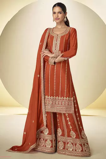 Rust orange faux chinon embroidered palazzo suit with dupatta