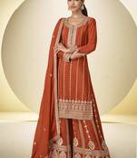 Rust orange faux chinon embroidered palazzo suit with dupatta