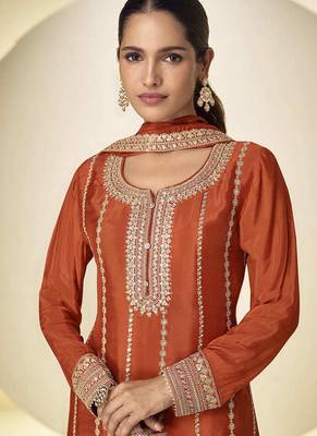 Rust orange faux chinon embroidered palazzo suit with dupatta 2