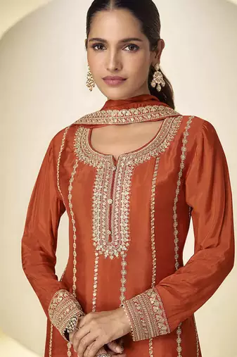 Rust orange faux chinon embroidered palazzo suit with dupatta
