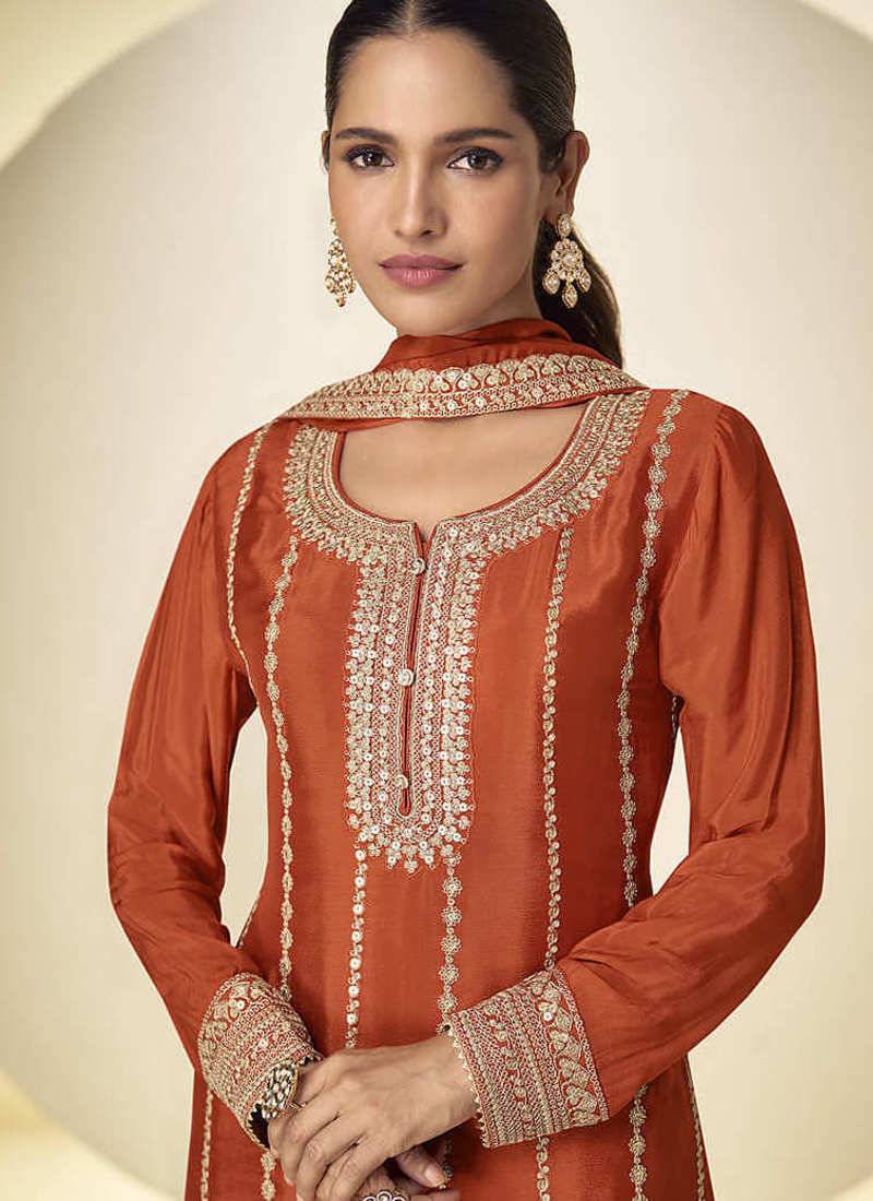 Rust orange faux chinon embroidered palazzo suit with dupatta