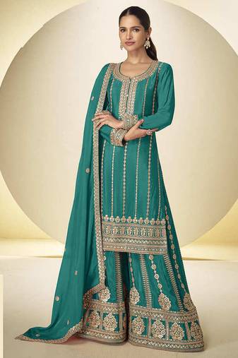 Teal faux chinon embroidered palazzo suit with dupatta