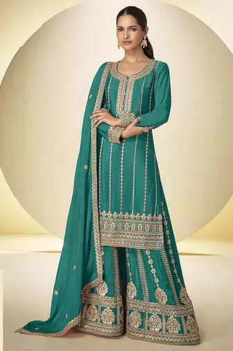 Teal faux chinon embroidered palazzo suit with dupatta