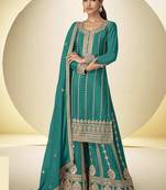 Teal faux chinon embroidered palazzo suit with dupatta