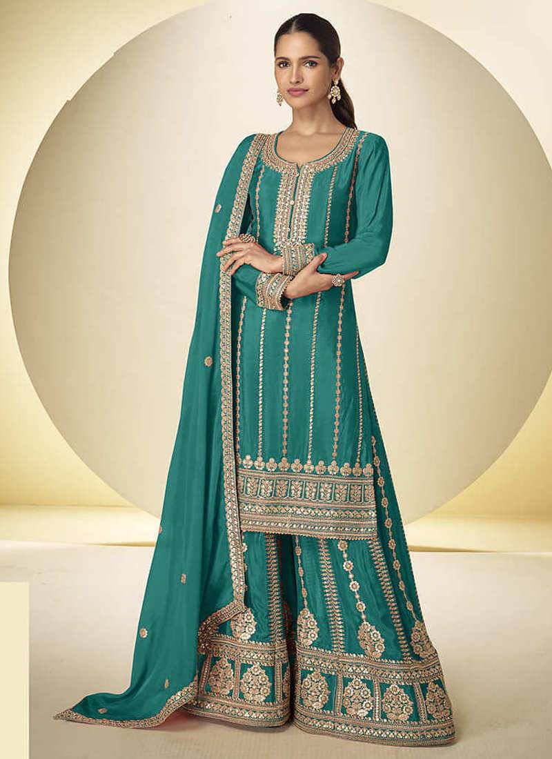 Teal faux chinon embroidered palazzo suit with dupatta