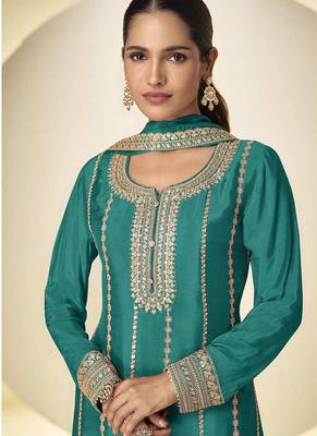 Teal faux chinon embroidered palazzo suit with dupatta 2