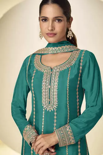 Teal faux chinon embroidered palazzo suit with dupatta