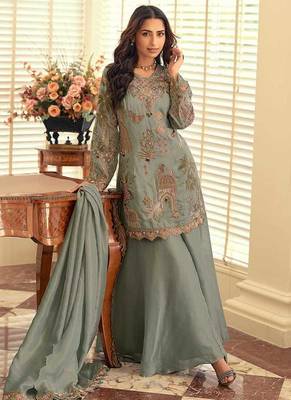 Sage green simar silk blend embroidered pakistani suit with palazzo & dupatta 1