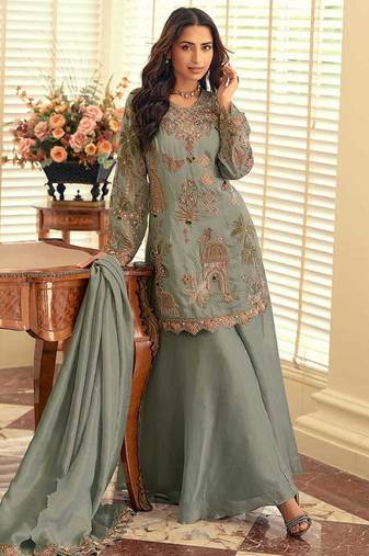 Sage green simar silk blend embroidered pakistani suit with palazzo & dupatta