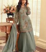 Sage green simar silk blend embroidered pakistani suit with palazzo & dupatta